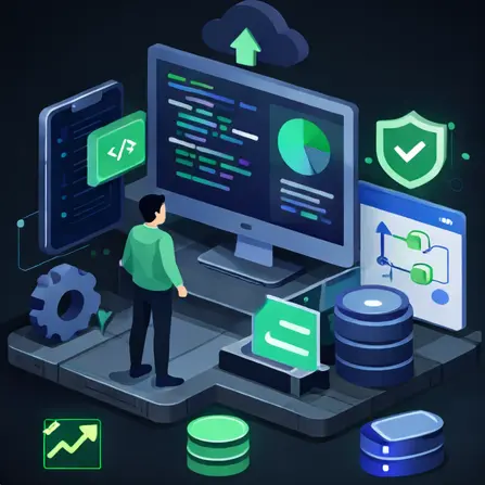 Illustration of connected web, mobile, cloud, database, and security components