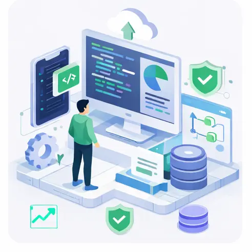 Illustration of connected web, mobile, cloud, database, and security components